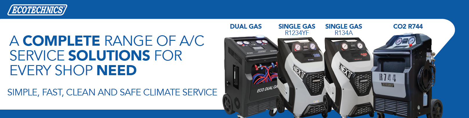 AC Banner Web ECOTECHNICS "A complete range of A/C Service Solutions for every shop need - Simple, Fast, Clean and safe climate service" 4 A/C Service Machines Shown